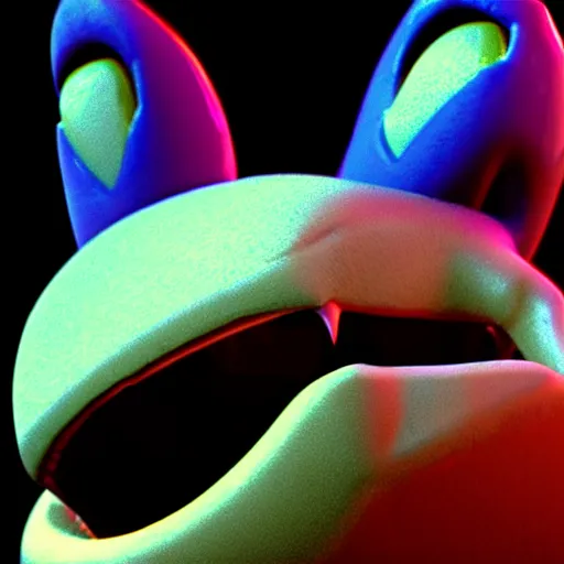 Prompt: a terrifying CInema4D raytrace render of sonic the hedgehog, teeth fangs horror creepypasta