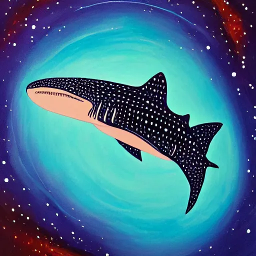 Prompt: gouache painting of a whale shark!!!, flying through a swirling, luminous nebula, elegant, ultra detailed