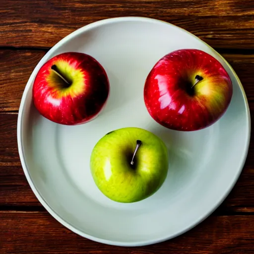 Prompt: a wide angle realistic photo of three apples on a colorful plate, award winning