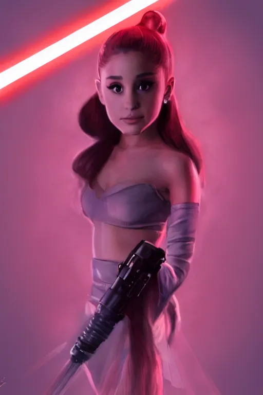 Prompt: Photo of Ariana Grande with a red light saber, Star Wars concept art, trending on artstation, dramatic lighting, photo-realistic