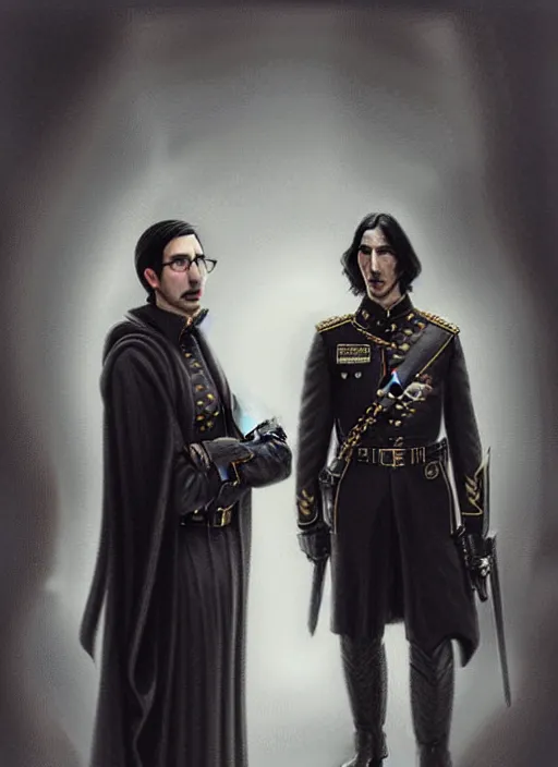 Image similar to a portrait of john oliver standing next to adam driver as in the vigo carpathian painting, stoic, military uniform, fantasy, intricate, beautiful, highly detailed, charcoal, centered, dark, smokey, digital painting, concept art, smooth, sharp focus, illustration, art by artgerm and greg rutkowski