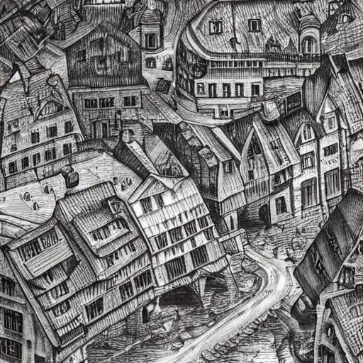 Image similar to dark fantasy, 17th century German city, dark stone, rain, view from above, hyper-detailed