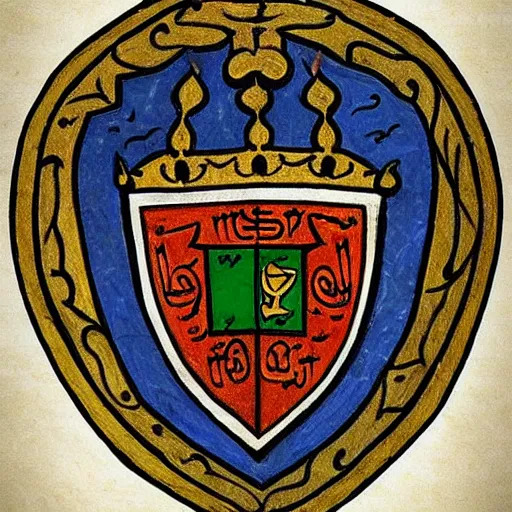 Prompt: “ medieval islamic heraldry, highly detailed, painted, realistic, historical, coat of arms, arabic ”