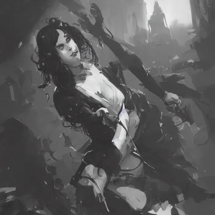 Image similar to a monochrome comic noir illustration painting of yennefer of vengerberg by sachin teng and sergey kolesov and ruan jia and heng z. graffiti art, sci fi, hyper detailed. octane render. trending on artstation