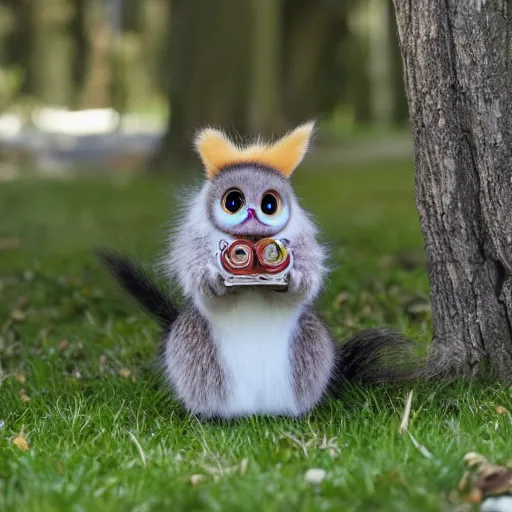 Prompt: trialcam footage of a long furby eating a squirrel