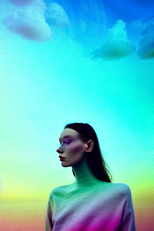 Image similar to high quality pastel coloured film close up wide angle photograph of a model wearing clothing swimming on cloud furniture in a icelandic black rock!! environment in a partially haze filled dreamstate world. three point light, rainbow. photographic production. art directed. pastel colours. volumetric clouds. pastel gradient overlay. waves glitch artefacts. extreme facial clarity. 8 k. filmic.