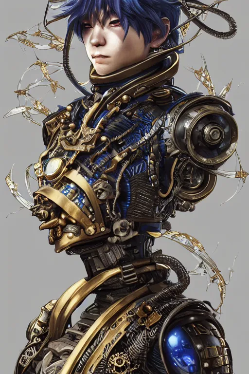 Image similar to Portrait of a steampunk sci-fi cyborg ninja male , third person, D&D, sci-fi fantasy, intricate, blue and gold, highly detailed , art by Range Murata, highly detailed, 3d, octane render, bright colors, digital painting, trending on artstation, sharp focus, illustration style of Stanley Artgerm,