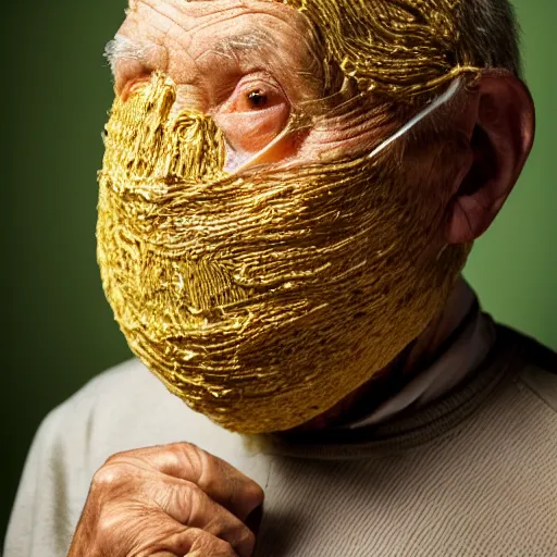 Image similar to an elderly man wearing a mask made from ramen noodles, bold natural colors, national geographic photography, masterpiece, 8 k, raw, unedited, symmetrical balance