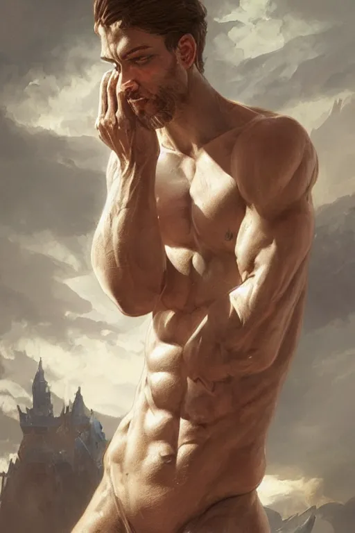 Image similar to Young man, no beard, muscular upper body, D&D, fantasy, realistic physic, accurate hyper-realistic body, elegant, highly detailed, digital painting, artstation, concept art, smooth, sharp focus, illustration, art by artgerm and greg rutkowski and alphonse mucha