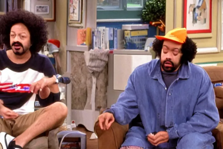 Prompt: Moodymann in a 90s sitcom talking to George Costanza