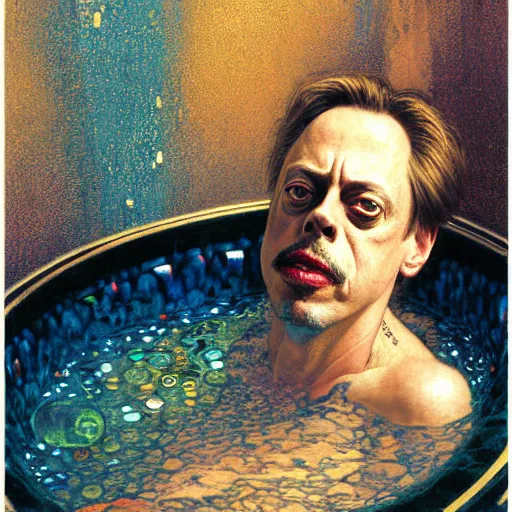 Image similar to portrait of steve buscemi in a bath tub. shadowrun furaffiniy cyberpunk fantasy highly detailed painting by gaston bussiere craig mullins jc leyendecker gustav klimt artgerm greg rutkowski john berkey, bergey, craig mullins, ruan jia, raymond swanland, jeremy mann, tom lovell, alex malveda