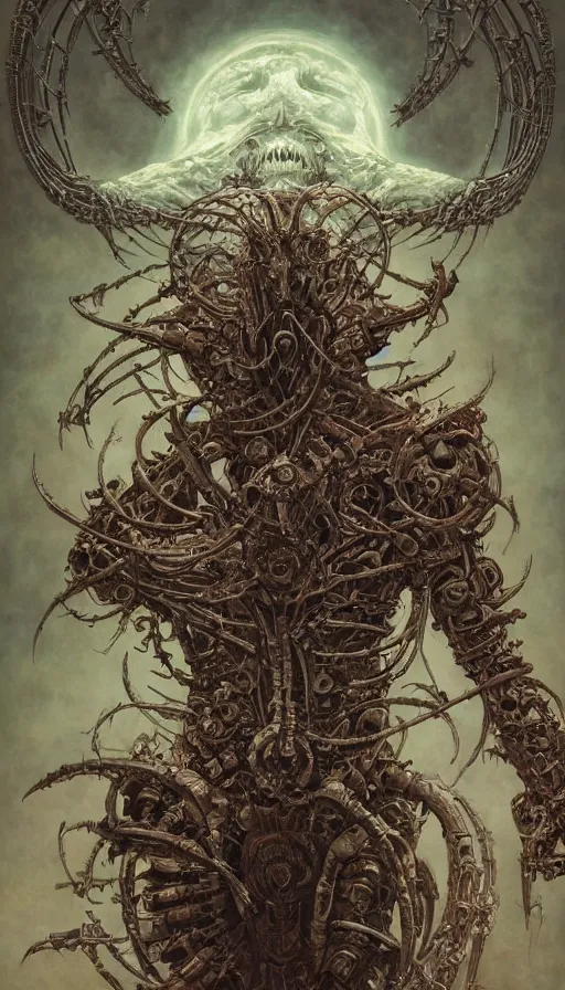 Image similar to Elden Ring and Doom themed painting of biomechanical armored traveller hybrid, intricate artwork by Artgerm, Victo Ngai, Johnatan Wayshak, Zdizslaw Beksinski, Douglas Barlowe, Darius Zawadzki, H.R. Giger, Takato Yamamoto, masterpiece, very coherent artwork, elite, horror, creepy, ominous, haunting, majestic, ephemeral, cinematic, high detail, octane render, unreal engine, 8k, High contrast, golden ratio, trending on cgsociety, ultra high quality model, production quality cinema model