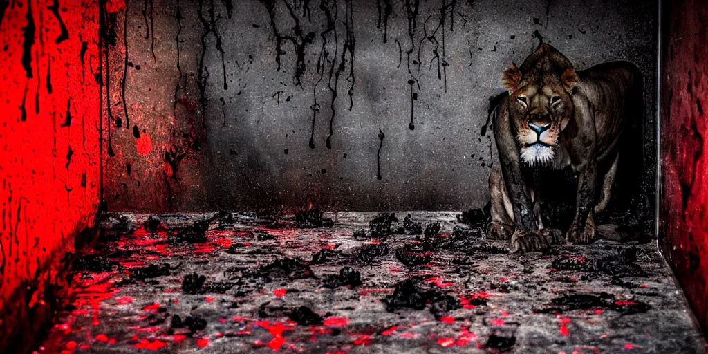 Prompt: the lioness made of tar, stalking prey in the long dark hallway, viscous, sticky, full of black goo, covered with black goo, splattered black goo, dripping black goo, dripping goo, splattered goo, sticky black goo. photography, dslr, reflections, black goo, zoo, exhibit, rim lighting, red light, cinematic light, horror