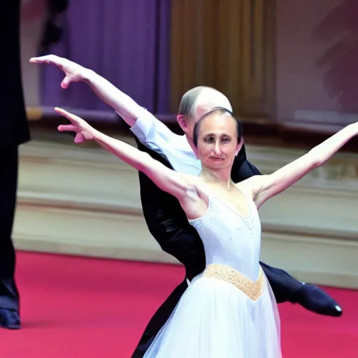 Prompt: Vladimir Putin dressed as a ballerina on a stage, the public laughs of him,