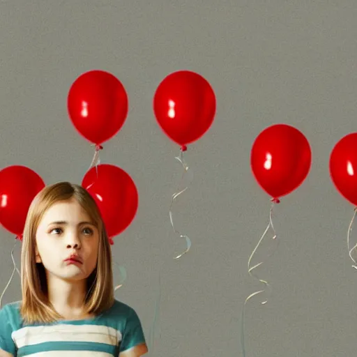 Prompt: medium shot ultra high resolution photo of a shy young girl facing the camera with a quizzical expression. 1 0 0 red balloons fill the scene, todd solondz, rebecca guay, artstation, artgerm, octane render