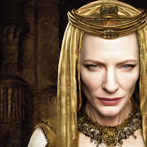 Image similar to Portrait cate blanchett ancient biblical, sultry, sneering, evil, pagan, wicked, queen jezebel, wearing gilded ribes, highly detailed, masterpiece 8K digital illustration