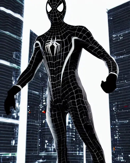 Prompt: black and white cyberpunk spiderman suit sleek suit