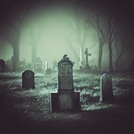 Prompt: “lovecraftian graveyard at night with ghouls, cinematic, film grain, moody, fog in the distance”