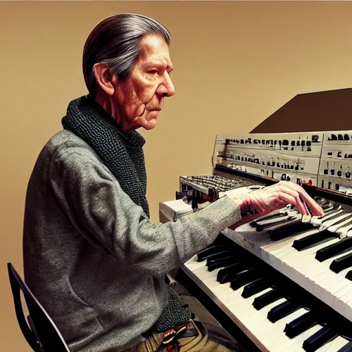 Prompt: photo of john cage playing modular synthesizer in the style of stefan kostic, realistic, half body shot, sharp focus, 4 k high definition, insanely detailed, intricate, elegant, art by stanley lau and artgerm