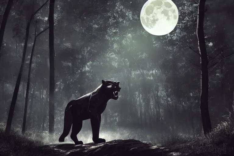 Image similar to a panther roaring in a forest during the night, large moon in the center. high quality render. illustration. 4 k. render. photoreal. highly detailed. artstation. realistic. dramatic. darkness. moon.