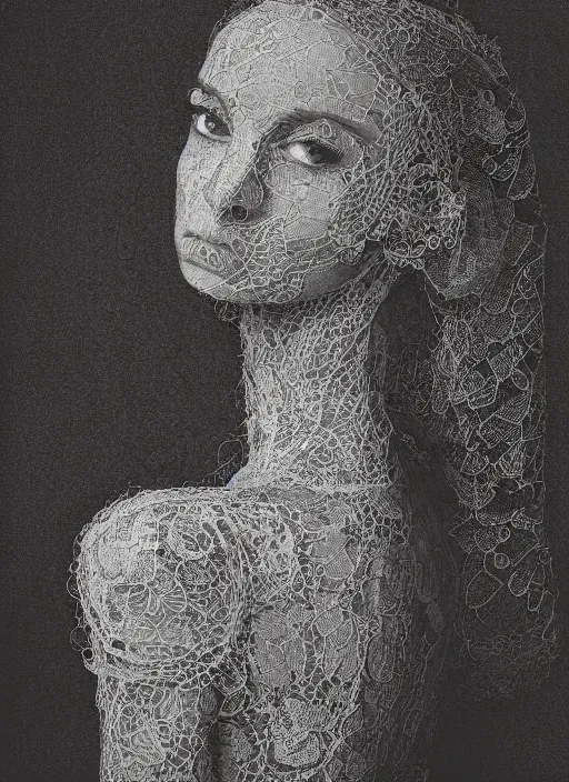 Image similar to a woman's face in profile, made of intricate decorative lace leaf skeleton, in the style of the dutch masters and gregory crewdson, dark and moody