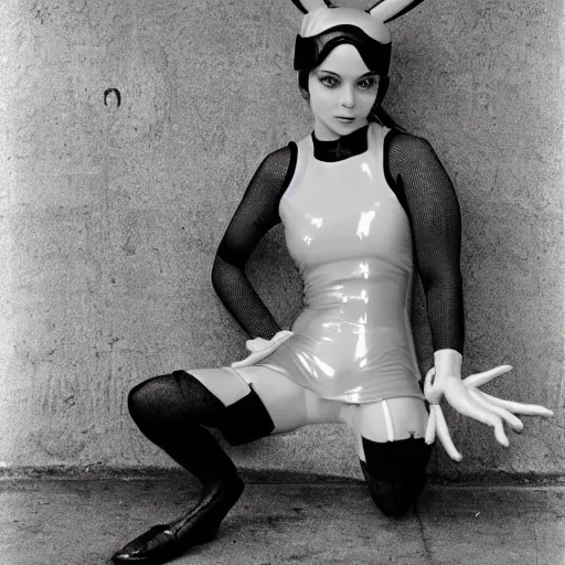 Prompt: girl wearing a latex costume of pikachu and fishnet stockings, by Annie Liebovitz, elegant photography