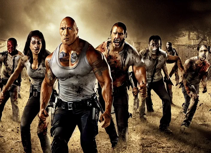 Prompt: film still of dwayne the rock johnson surrounded by zombies in the new walking dead tv series, 4 k