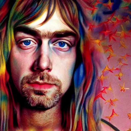 Image similar to colour masterpiece surreal closeup portrait photography of kurt cobain by miho hirano and annie leibovitz and michael cheval, pop art background, 8 k