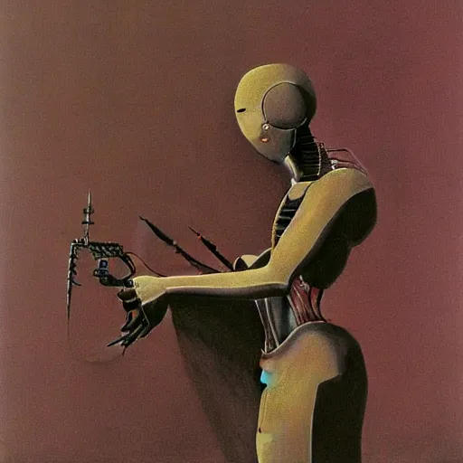 Prompt: Zdzisław Beksiński painting of a robot musician