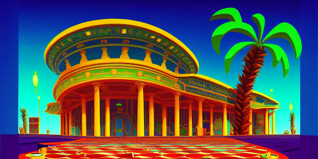 Image similar to curled perspective digital art of medium plane casino door with marble columns and palmtrees by anton fadeev from nightmare before christmas