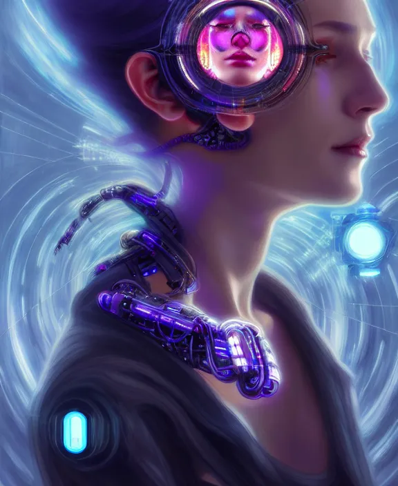 Image similar to a whirlwind of souls rushing inside the metaverse, hologram, half body, neurochip, shaved temple, piercing, jewelry, android, cyborg, cyberpunk face, by loish, d & d, fantasy, intricate, elegant, highly detailed, colorful, digital painting, artstation, concept art, art by artgerm and greg rutkowski and alphonse mucha