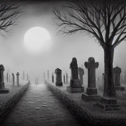 Image similar to an endless eerie graveyard with ancient tombstones, misty, strands of fog, catacomb in background, frame is flanked by dark trees, creepy, night, finely detailed extremely realistic black and white pencil drawing