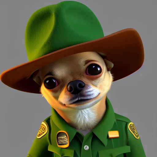 Prompt: park ranger chihuahua, 3 d model, tan and green uniform, tan fedora, brown and white fur, green and tan atv, 3 d model, cartoony, pixar style, artstation, unreal engine, in the rainforest, 4 k, ultra quality