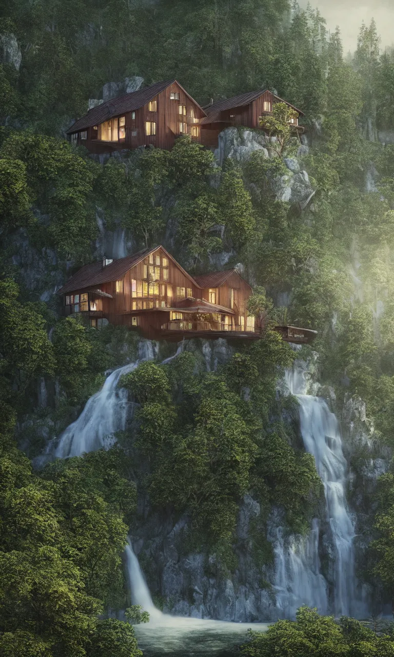 Image similar to beautiful large scandinavian house in the forest on a hill, a large waterfall flows down from the mountain in the background, octane render, fabulous, hyper detailed, random cinematic view, no noise, global illumination, warm lighting, volumetric, godrays, vivid, by jordan grimmer