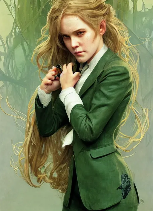 Image similar to a young april with a mischievous face and extremely long blonde wavy hair dressed in a green pale mechanic suit, she have three little scars marks on her forehead, intricate detailed face, artgerm, greg rutkowski, alphonse mucha