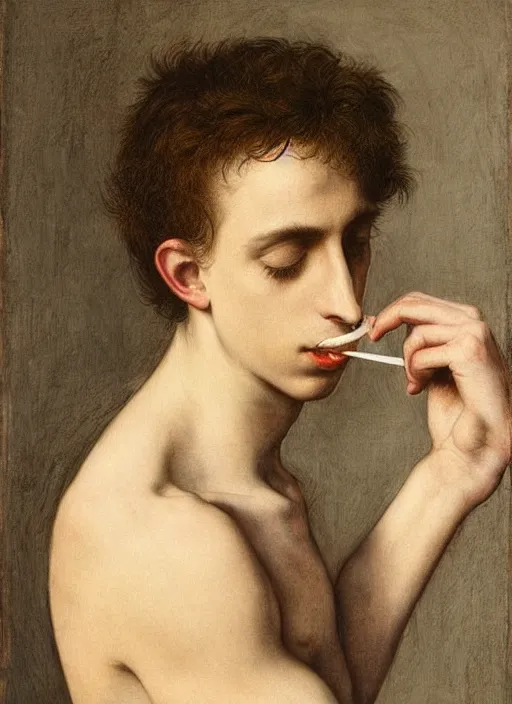 Image similar to (((( a painting of a Timothee Chalamet brushing his teeth, a character portrait by Dürer, behance, pre-raphaelitism, da vinci, pre-raphaelite, detailed painting“