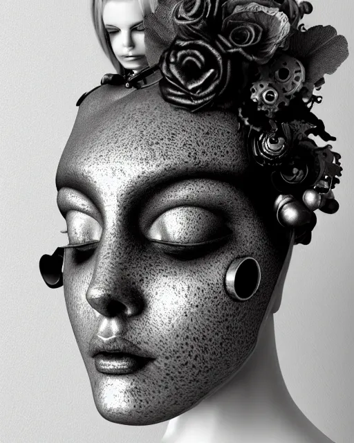Image similar to black and white dreamy foggy smoky profile face portrait, one silver steampunk realistic eye biomechanical beautiful young female cyclope - cyborg - robot bust, body ribs meshes,, volumetric light, hibiscus flowers, by hg giger, rim light, by dora maar and cecile beaton, big gothic fashion pearl embroidered collar, 8 k