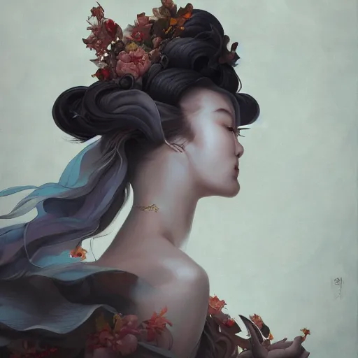 Prompt: close-up portrait of a beautiful Korean Luxurious Goddess posing dramatically in the art style of James Jean pastiche, by Peter Mohrbacher, rule of thirds, 4k quality