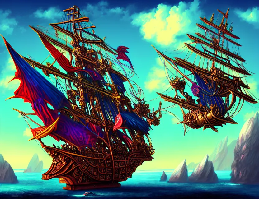 Image similar to the flying spelljammer galleon soars through the planes, amazing d & d planescape style art, trending on artstation, colorful, intricate, art by kev chan, fantasypunk, deep colors, cgsociety