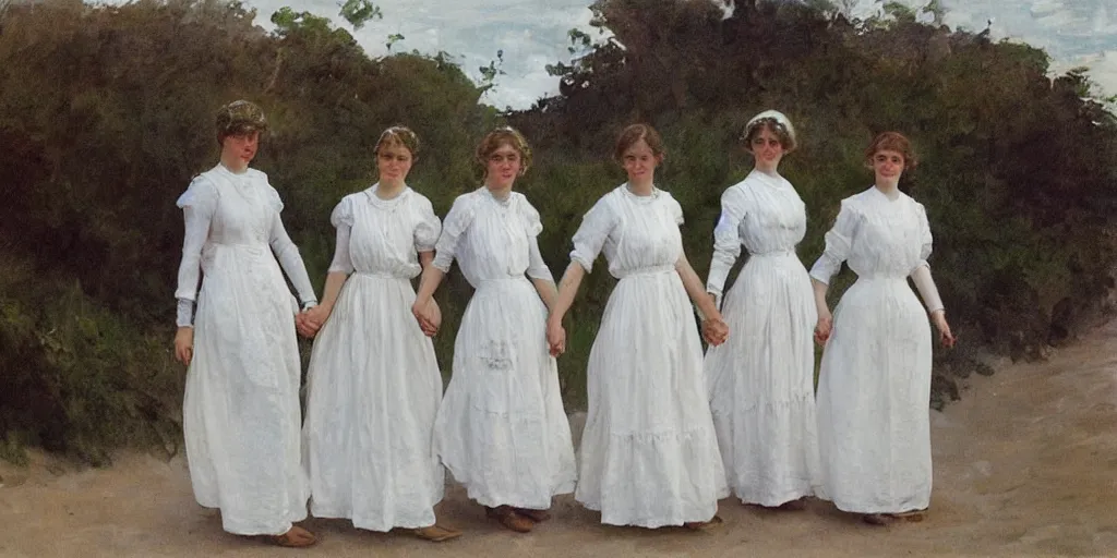 Image similar to five young edwardian women wearing white dresses on a beach in Sweden, two of them are holding hands, in the style of Anders Zorn