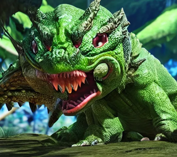 Image similar to yoshi in monster hunter, green dinosaur