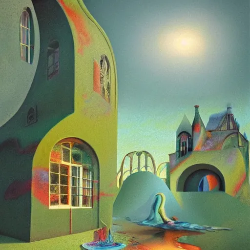 Image similar to colourful scene from a dream. digital artwork by vincent bons, michael whelan, remedios varo and gerardo dottori. grainy and rough. interesting pastel colour palette. beautiful light. oil and water colour based on high quality render.