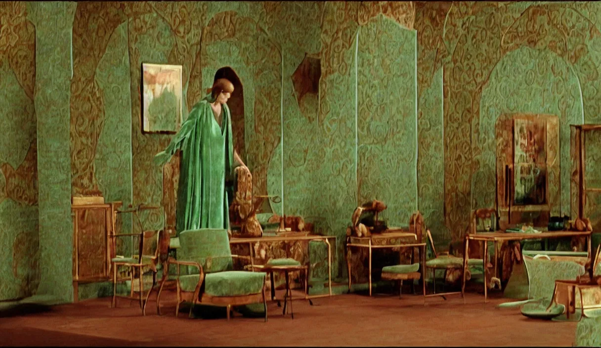 Image similar to a still of severance series indoor 7 0 s green velvet and wood with metal furniture office scenario appearing in a film of parajadnov, in movie color of the pomegranates ( 1 9 6 9 )