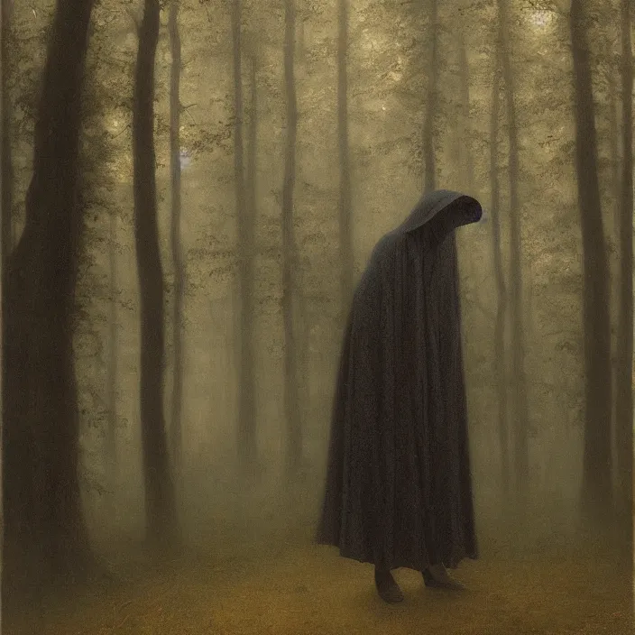 Prompt: a cloaked hooded figure in a foggy forest, by Odd Nerdrum