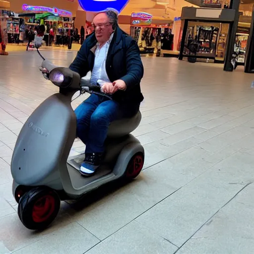 Image similar to photo of a anthropomorphic pig on a mobility scooter in a mall