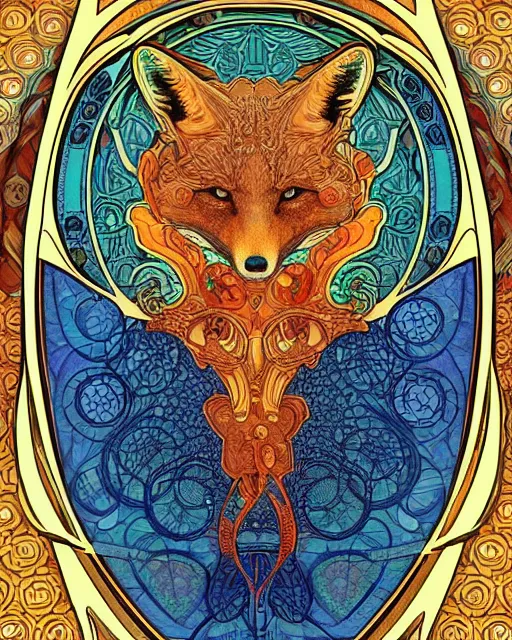 Image similar to fox carving art, cell shading, voronoi,fibonacci sequence, sacred geometry by Alphonse Mucha, Moebius, hiroshi yoshida, Art Nouveau, colorful, ultradetailed, 3d