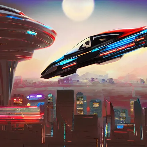 Prompt: a beautiful painting of a cool futuristic honda civic hovercar flying above a cyberpunk city powered by jet boosters, concept art, scifi art, digital art