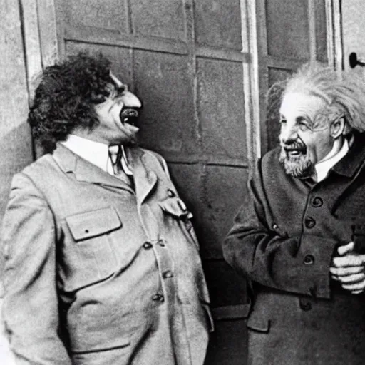 Prompt: Einstein laughing at Stalin, historical photo, high grain, black and white, highly detailed