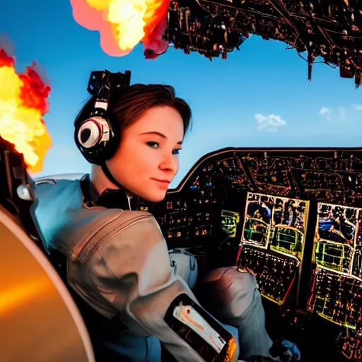 Prompt: beautiful female complex robot fighter pilot in jet cockpit, piloting while outside fiery explosions and black smoke