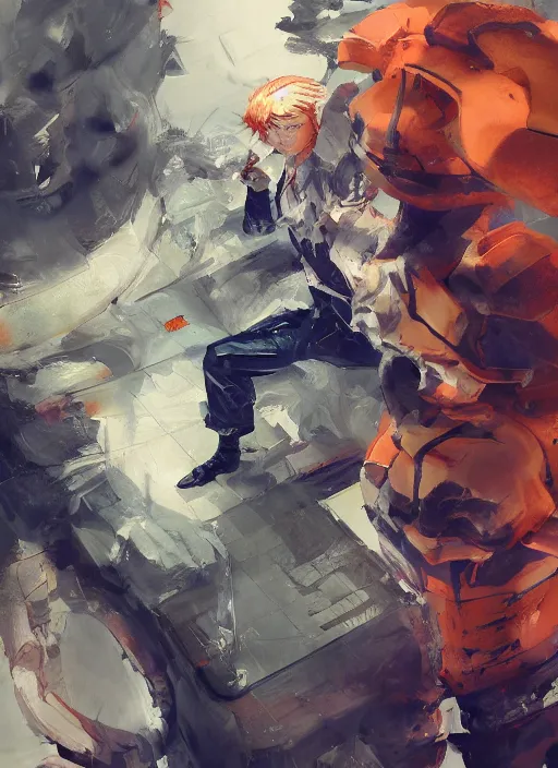 Image similar to semi reallistic gouache gesture painting, by yoshitaka amano, by ruan jia, by conrad roset, by dofus online artists, detailed anime 3 d render of orange donald trump, behind bars, portrait, cgsociety, artstation, rococo mechanical, digital reality, sf 5 ink style, dieselpunk atmosphere, gesture drawn